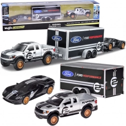 Set metalic Maisto 1:64 – FORD Raptor cu remorcă și FORD GT Heritage