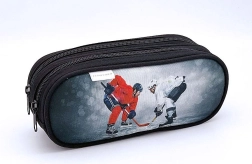 Etui cu motiv de hochei pe gheață, 2 fermoare, gri