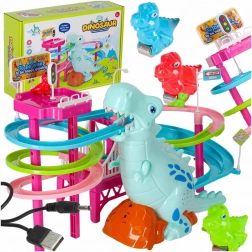 Pistă de curse cu dinozaur, tobogan, scări mobile, LED și sunete