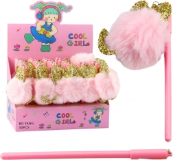 Pix cu gel cu pompon roz, cerneală albastră, 17 cm, 0,5 mm