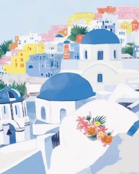 Pictură cu diamante Acoperișuri albastre în Santorini 30 × 40 cm