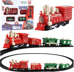 Trenuleț clasic pe baterii cu locomotivă, vagoane și șine – 13 piese