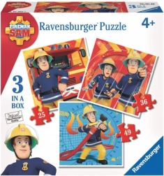 Puzzle Ravensburger Pompierul Sam 3‑în‑1 (25, 36 și 49 piese)