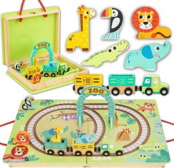 Tooky Toy set de tren din lemn ZOO în valiză cu vagoane magnetice