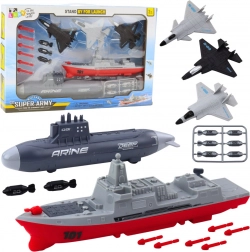 Set militar pentru copii cu portavion, submarin şi avioane de vânătoare