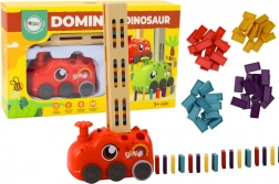 Trenuleț electric roșu cu dinosaur care construiește domino colorat