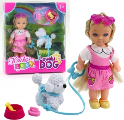 Mini păpușă cu cățeluș în lesă și bol cu os