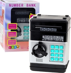 seif negru pușculiță din sticlă cu cod PIN și efecte luminoase și sonore