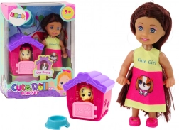 Mini păpușă cu păr lung și fustiță colorată cu câine și cușcă