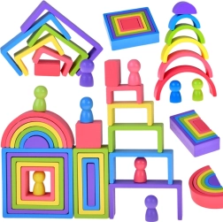 Puzzelă Montessori din lemn – forme geometrice colorate și figurine