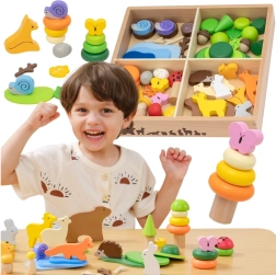 Viga cuburi din lemn colorate Povești din pădure, 58 piese