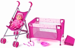 WOODY Set de joacă pentru copii cu cărucior și pătuț