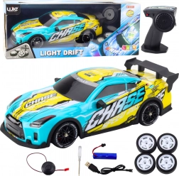 Mașină sport RC cu caroserie iluminată și roți de drift – turcoaz