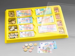 Casetă de jucărie din plastic cu bancnote și monede euro