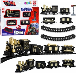 Trenuleț clasic pe baterii cu locomotivă, vagoane și șine – 13 piese
