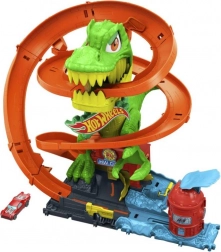 Hot Wheels City pistă răsucită Stație de pompieri cu T‑rex