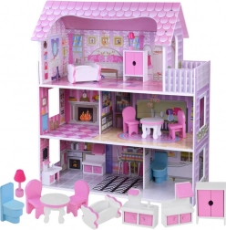 Căsuță roz din lemn pentru păpuși cu mobilier și iluminare LED