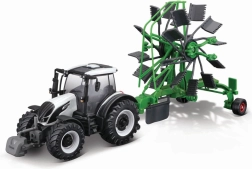 Bburago Fermă Tractor 10 cm cu remorcă de lux - Valtra N174 - Greblă rotativă