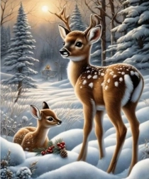 Pictură cu diamante căprioare în pădure înzăpezită 30 × 40 cm