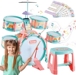 Set de tobe pentru copii Woopie cu 5 tobe, cinel și scăunel cu motiv animalier