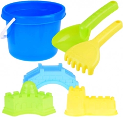 Set de plajă pentru nisip cu găletușă, lopățică, greblă și forme