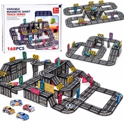 Set de construcție magnetic pentru trasee rutiere, cu 168 de piese, 4 mașinuțe și indicatoare rutiere