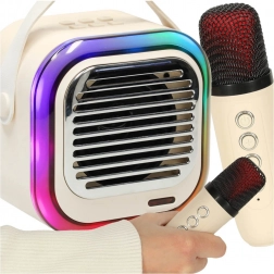 Set karaoke cu difuzor Bluetooth 10 W, 2 microfoane fără fir și LED RGB – crem