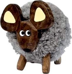 Decorațiune din lemn sub formă de șoarece cu blană textilă