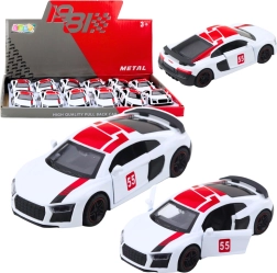 Mașină sport metalică 1:43 cu mecanism pull-back și uși care se deschid – albă
