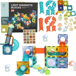 Cărămizi de construcție magnetice cu tobogan pentru bile luminos – 49 elemente