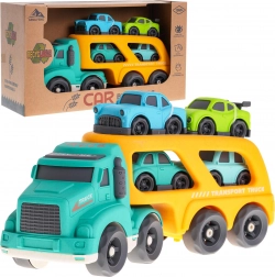 Autotractor interactiv cu platformă și 4 mașinuțe din bioplastic pentru copii de la 18 luni – galbenă