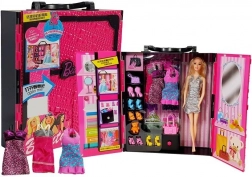 dulap modern pentru păpuși, troller roz cu set de accesorii