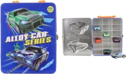 Cutie metalică pentru mașinuțe cu set de 6 vehicule din metal cu mecanism pull-back