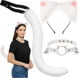 Costum pisică, vulpe sau lup 3‑în‑1 RUHHY – set alb cu coadă, urechi și choker