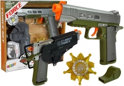Set de poliție cu pistol de 20 cm, insignă, fluier și toc cu efecte luminoase și sonore