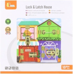 Tablă senzorială din lemn în formă de căsuță Montessori cu încuietori și zăvoare