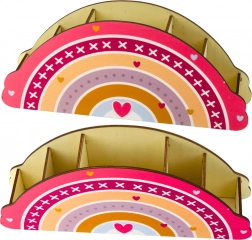 Organizator din lemn pentru birou pentru copii, culoare roz, cu motiv curcubeu