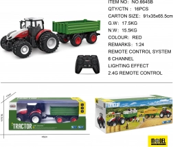 Tractor roșu cu telecomandă cu remorcă verde 1:24