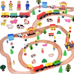 Cale ferată din lemn cu locomotivă și figurine