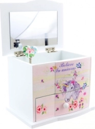 Cutie muzicală de bijuterii din lemn cu unicorn, cu oglindă și sertar