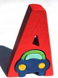Literă de lemn A cu mașinuță pentru copii