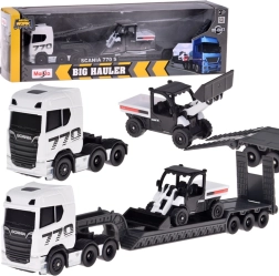 Set metalic Maisto SCANIA 770S cu semiremorcă low-loader și încărcător 1:64