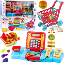 Set de joacă pentru copii: casă de marcat, coș și alimente cu efecte