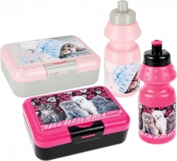 Set pentru copii: caserolă pentru gustare și sticlă cu pisicuță