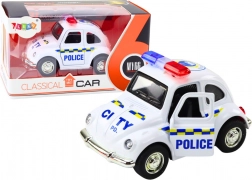 Mașină de poliție clasică 1:38 cu tracțiune, lumini și sunete albă
