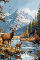 Pictură cu diamante cerb în munți 30 × 40 cm