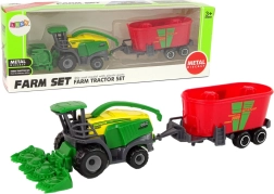Combine cu remorcă – utilaj agricol verde-roșu, jucărie din plastic