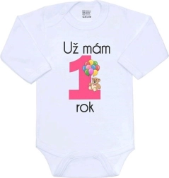 Body pentru bebeluși cu imprimeu New Baby Deja am 1 an, roz
