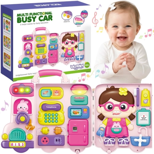 Woopie tablă manipulativă interactivă Busy car 3în1 în valiză, cu sunet și lumină