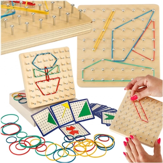 Geoboard din lemn – geoplan educațional cu elastice colorate și carduri cu modele